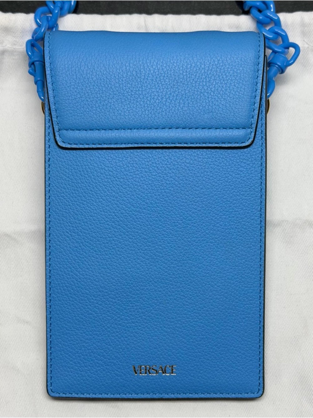 Versace La Medusa Leather Phone Crossbody Bag Blue Chain Strap Card Holder Italy - Picture 16 of 16